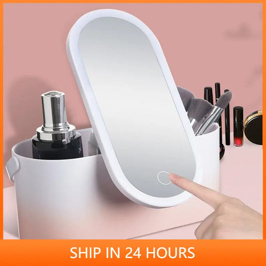 Portable USB Makeup Mirror Organizer Box With LED Light Travel Makeup Cosmetics Organizer Touch Light Storage Makeup Case 2#